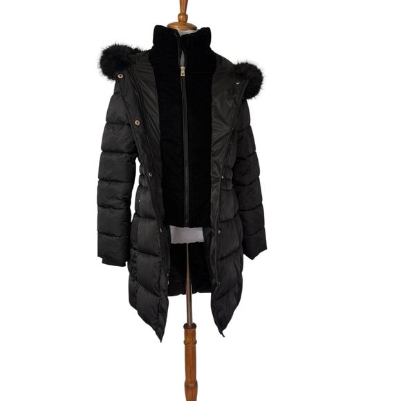 Tahari Velvet Bib Faux Fur Hooded Puffer Coat Women’s Black Winter M - Picture 3 of 8